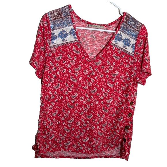 All In Love T-Shirt Women's Medium V-Neck Short Sleeve Boho Printed Casual Top - Picture 1 of 8